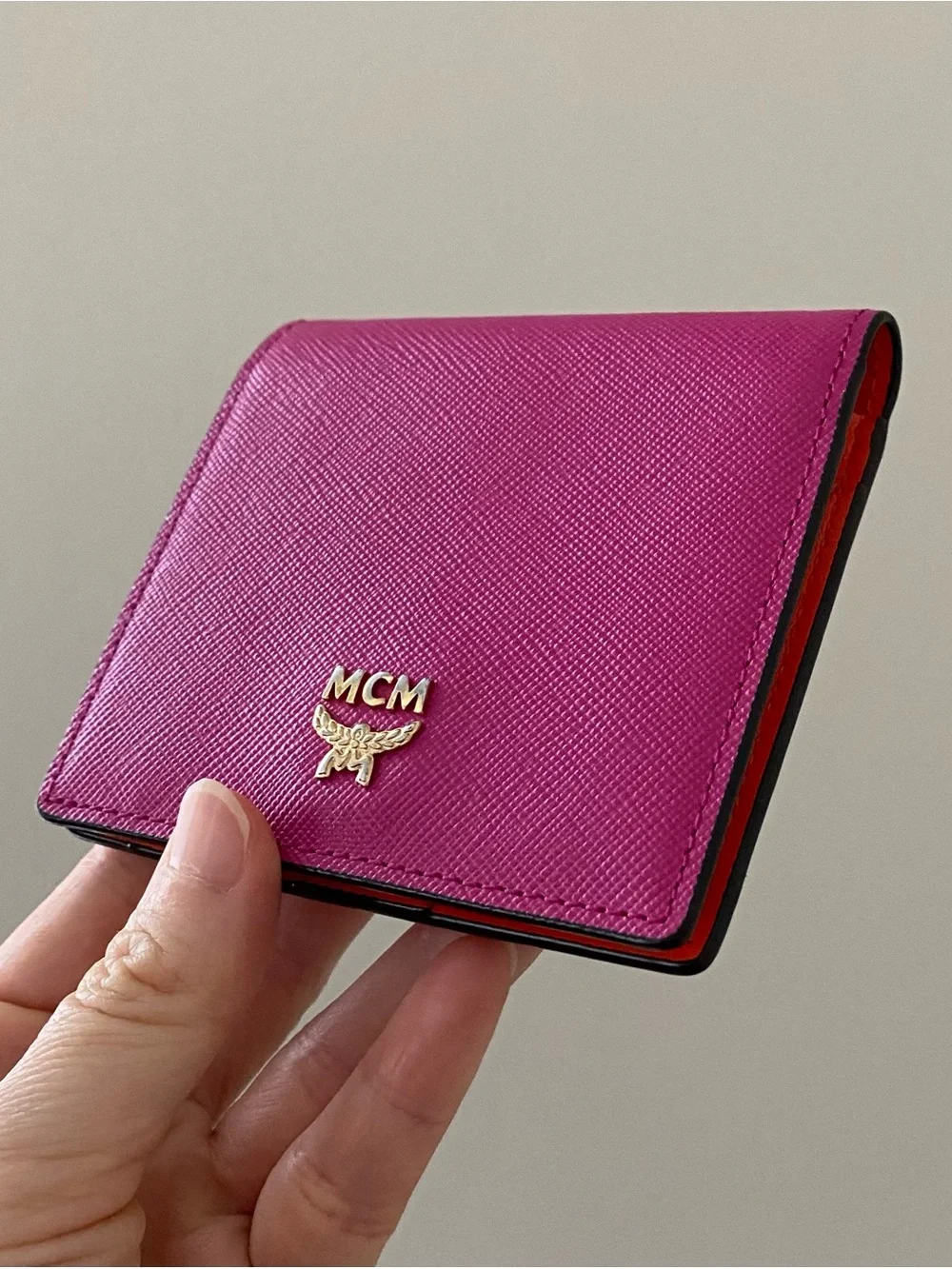 MCM Hot Pink Scratch-resistant Saffiano Leather Bi-fold Compact Wallet